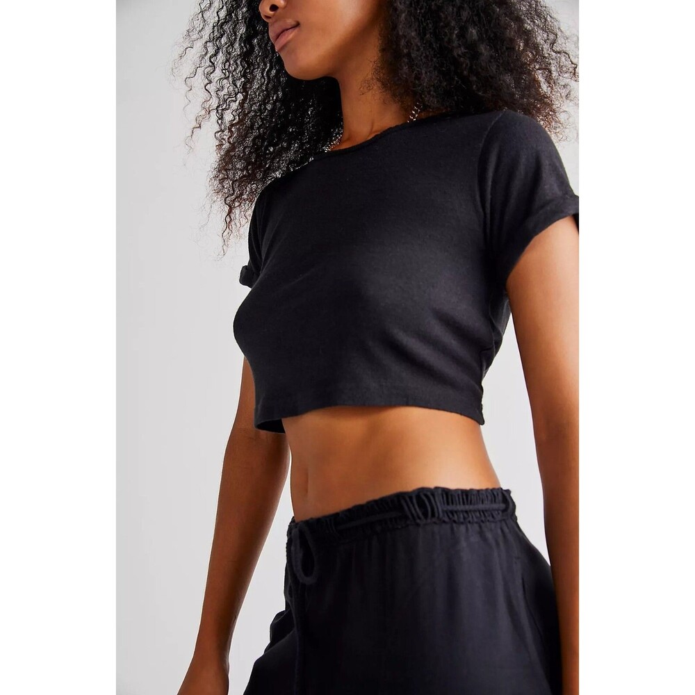 Free People FP Beach Isabella Copped Blouse Top Solid Black Tee M NWT 257930